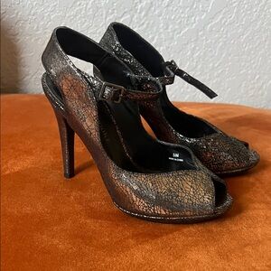 Metallic Audrey Brooke Bronze Crackle Peep-Toe Ankle Strap Heels